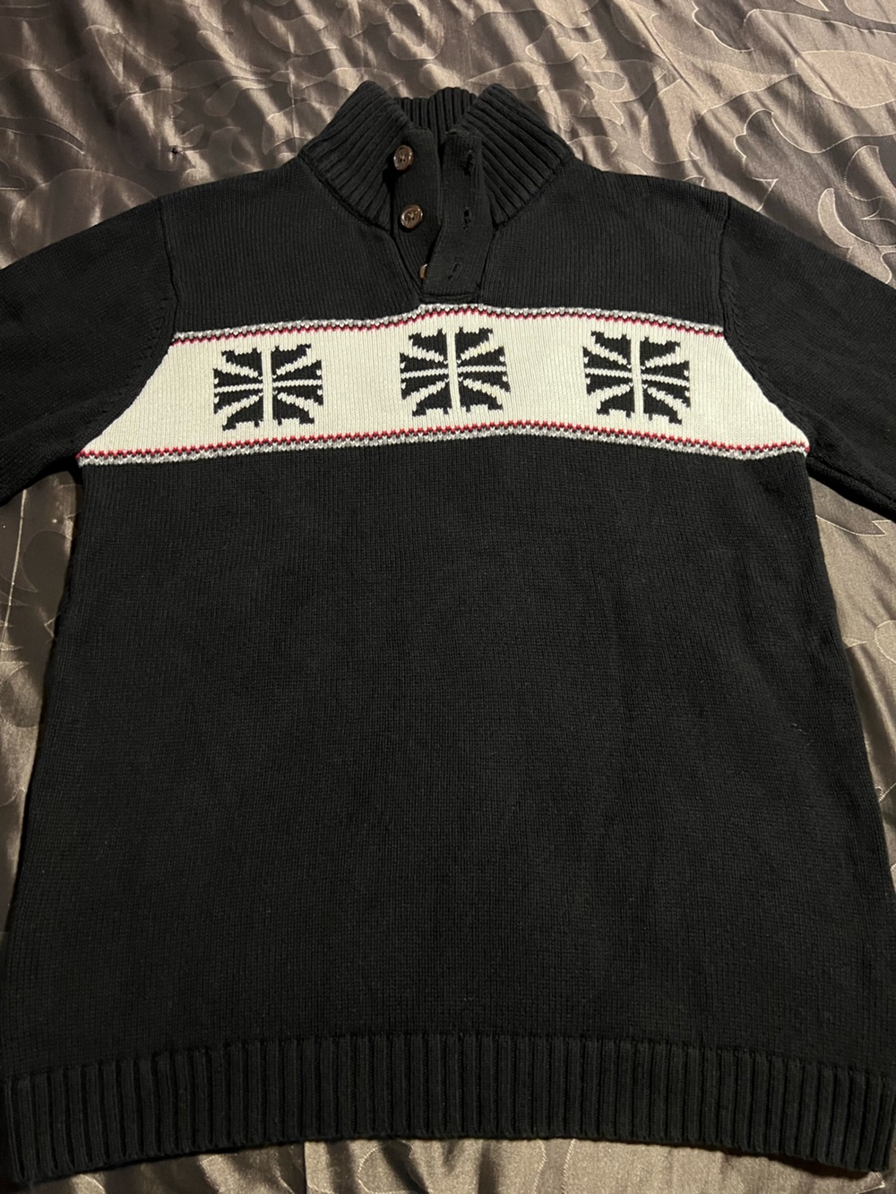 Chaps Black Snowflake Knit Cotton Nordic Sweater 3 Button Youth XL Red White